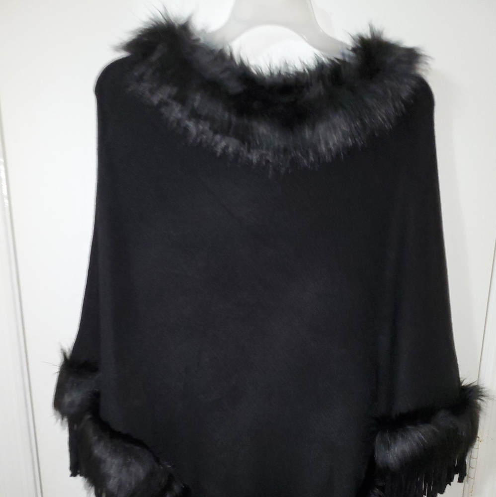 Black Poncho Pullover W/Fur